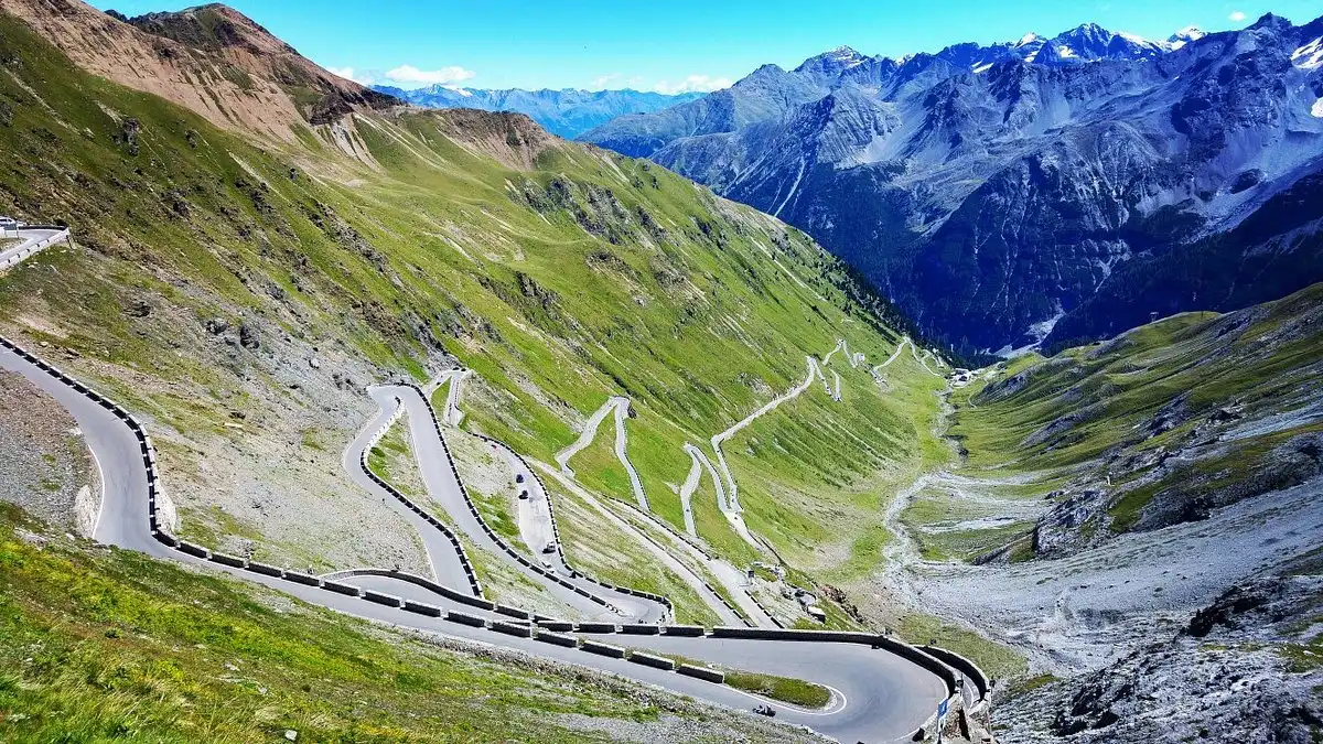 The Stelvio Pass hairpin bends from above
